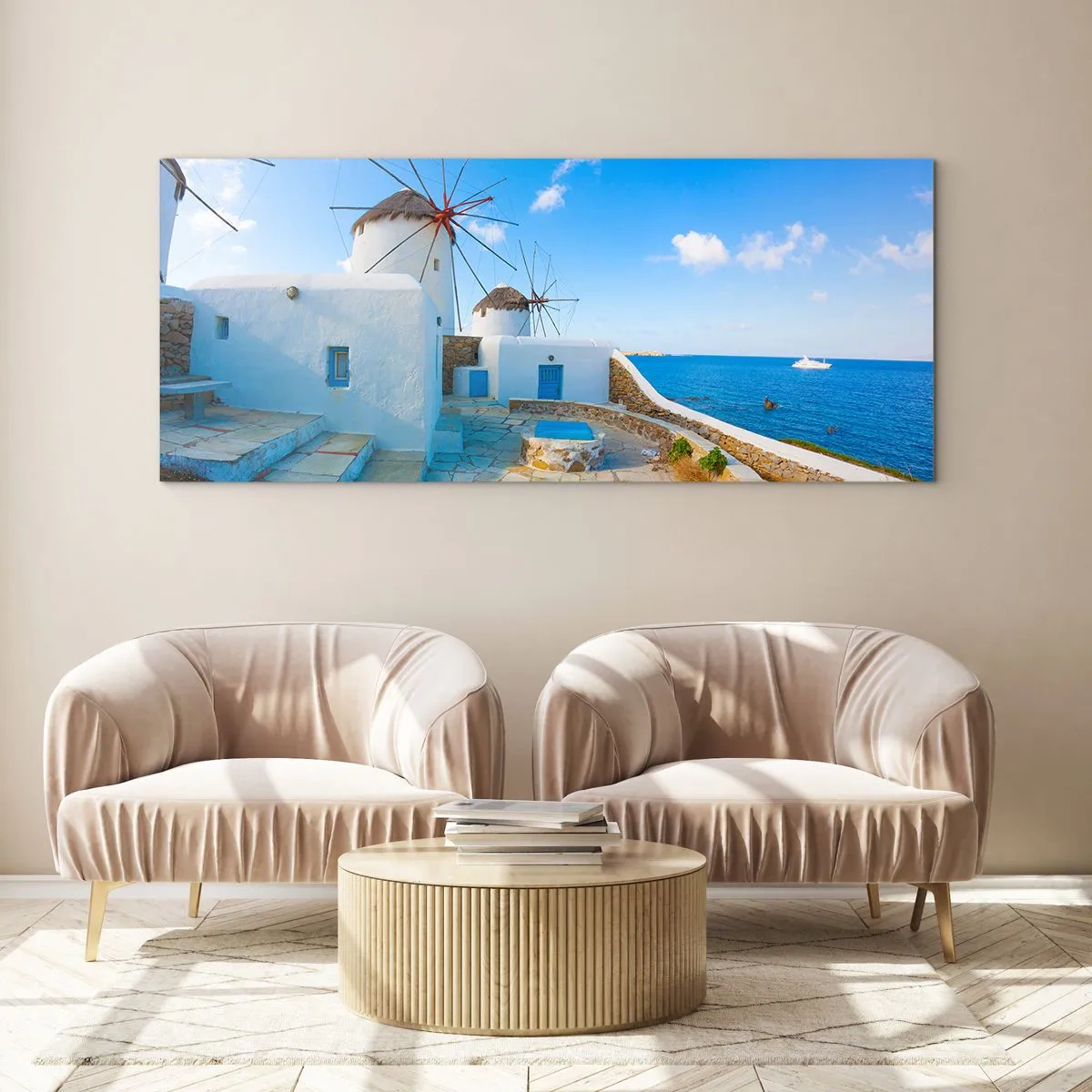 Impression sur verre - Image sur verre - Des moulins à vent blancs sur les rives de la mer bleue - 160x50cm - Le vent bleu de la mer - Décoration murale moderne pour le salon et la chambre ARTTOR