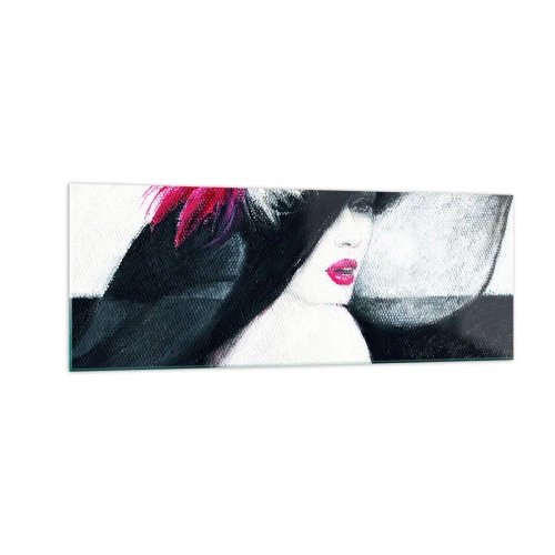 Impression sur verre - Image sur verre - Femme élégante avec un chapeau à plumes - 140x50cm - Toujours un secret - Décoration murale moderne pour le salon et la chambre ARTTOR