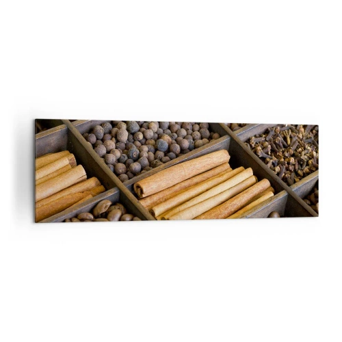 Impression sur toile - Image sur toile - Épices et café dans des compartiments en bois - 160x50cm - Trésor d'arômes - Décoration murale moderne pour le salon et la chambre ARTTOR
