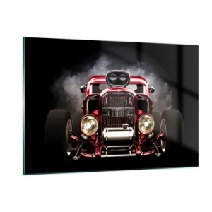 Impression sur verre - Image sur verre - Hot rod rouge dans une épaisse fumée - 120x80cm - Rapide et furieusement beau - Décoration murale moderne pour le salon et la chambre ARTTOR