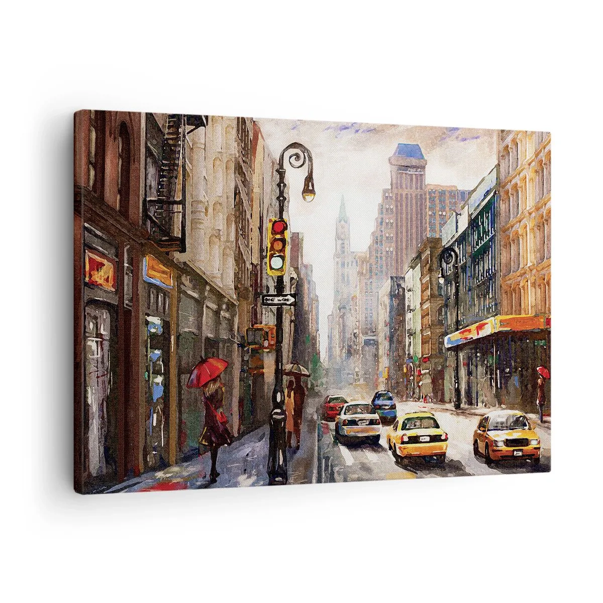 Impression sur toile - Image sur toile - Paysage urbain avec une rue et des taxis jaunes - 70x50cm - New-Zork - coloré même sous la pluie - Décoration murale moderne pour le salon et la chambre ARTTOR