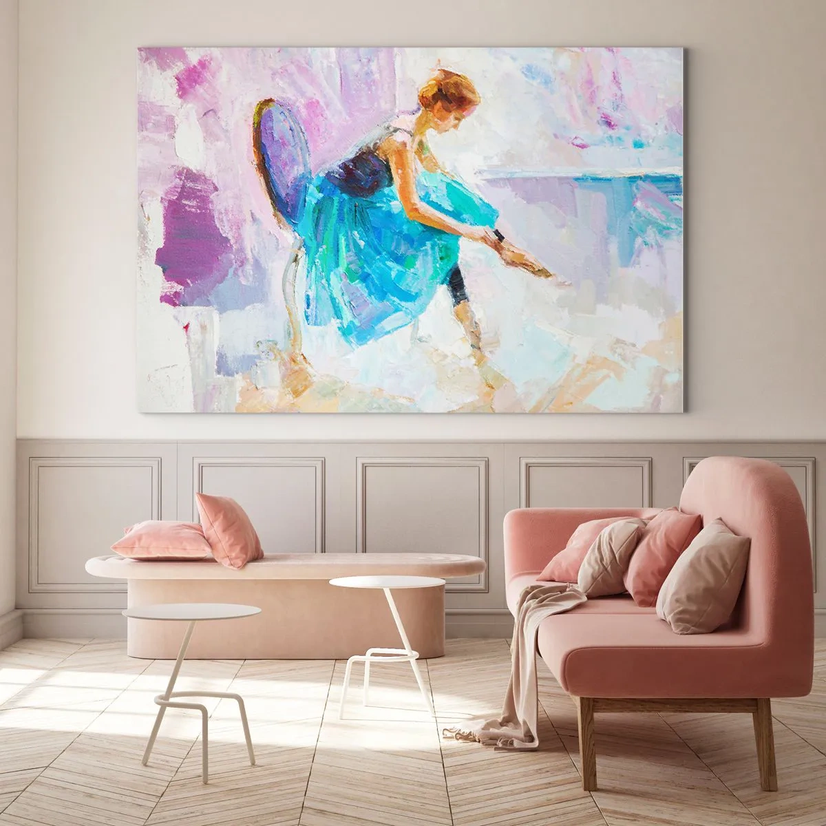 Impression sur verre - Image sur verre - Une ballerine en robe bleue sur fond impressionniste - 100x70cm - Grâce ineffable, charme subtil - Décoration murale moderne pour le salon et la chambre ARTTOR
