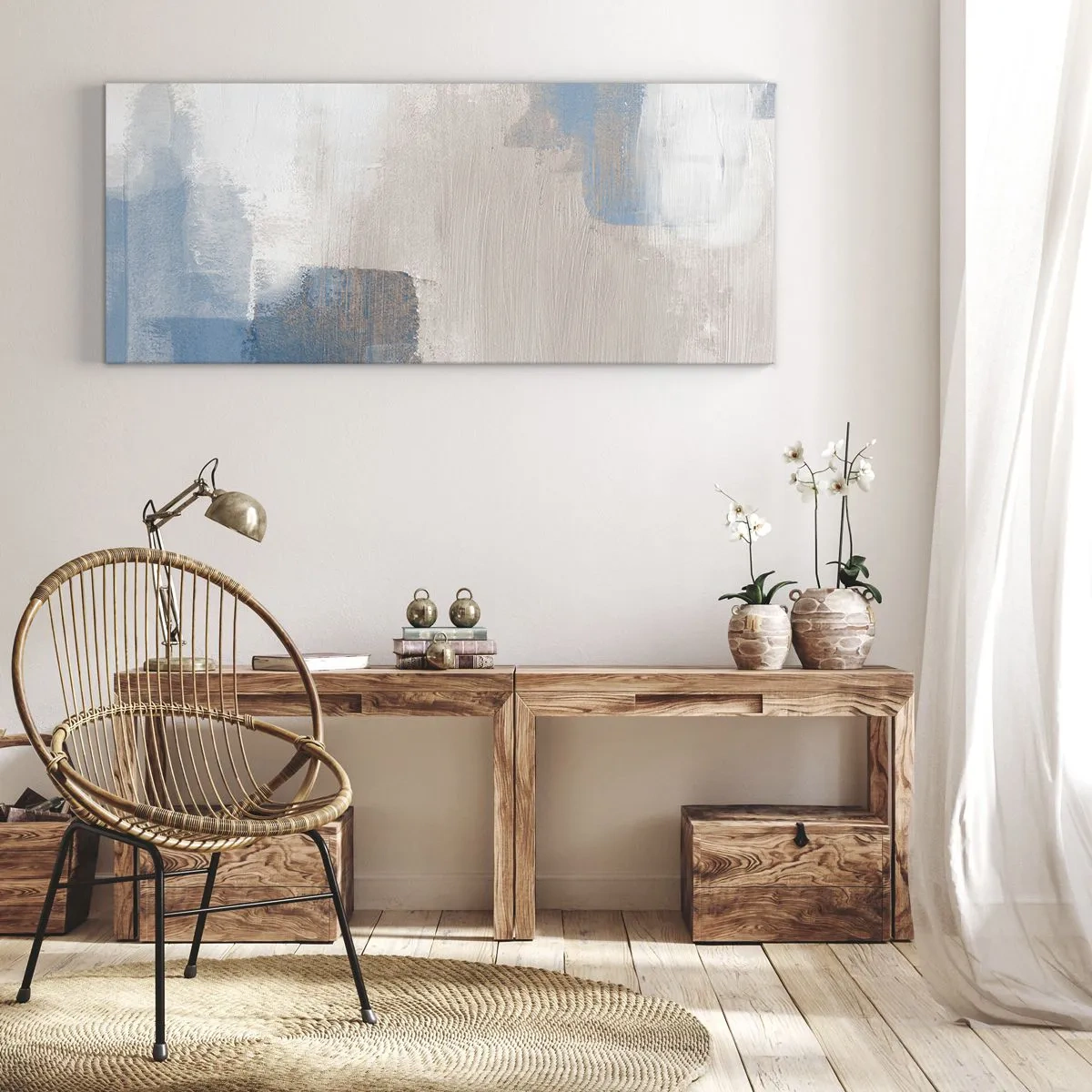 Impression sur toile - Image sur toile - Abstraction rose derrière un rideau de bleu - 100x40 cm