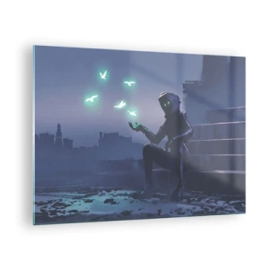 Impression sur verre - Image sur verre - Une silhouette dans le noir entourée d'oiseaux verts flottants - 70x50cm - La vie reviendra - Décoration murale moderne pour le salon et la chambre ARTTOR