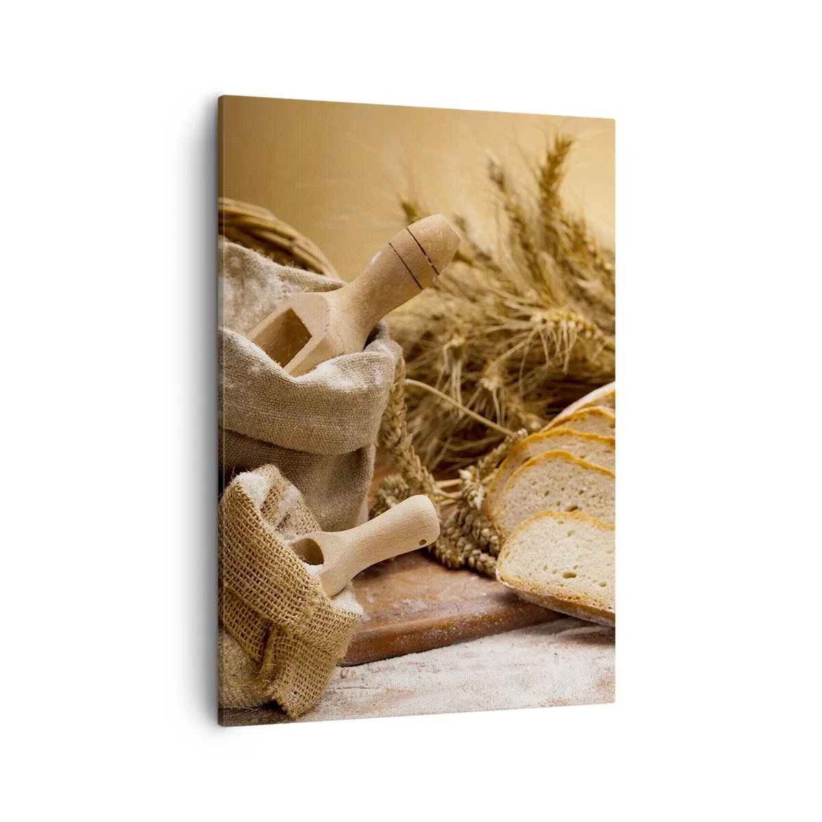 Impression sur toile - Image sur toile - Un paysage avec du pain, de la farine et des épis de blé dans un style rustique. - 50x70cm - Comment il coupe avec un couteau - Décoration murale moderne pour le salon et la chambre ARTTOR