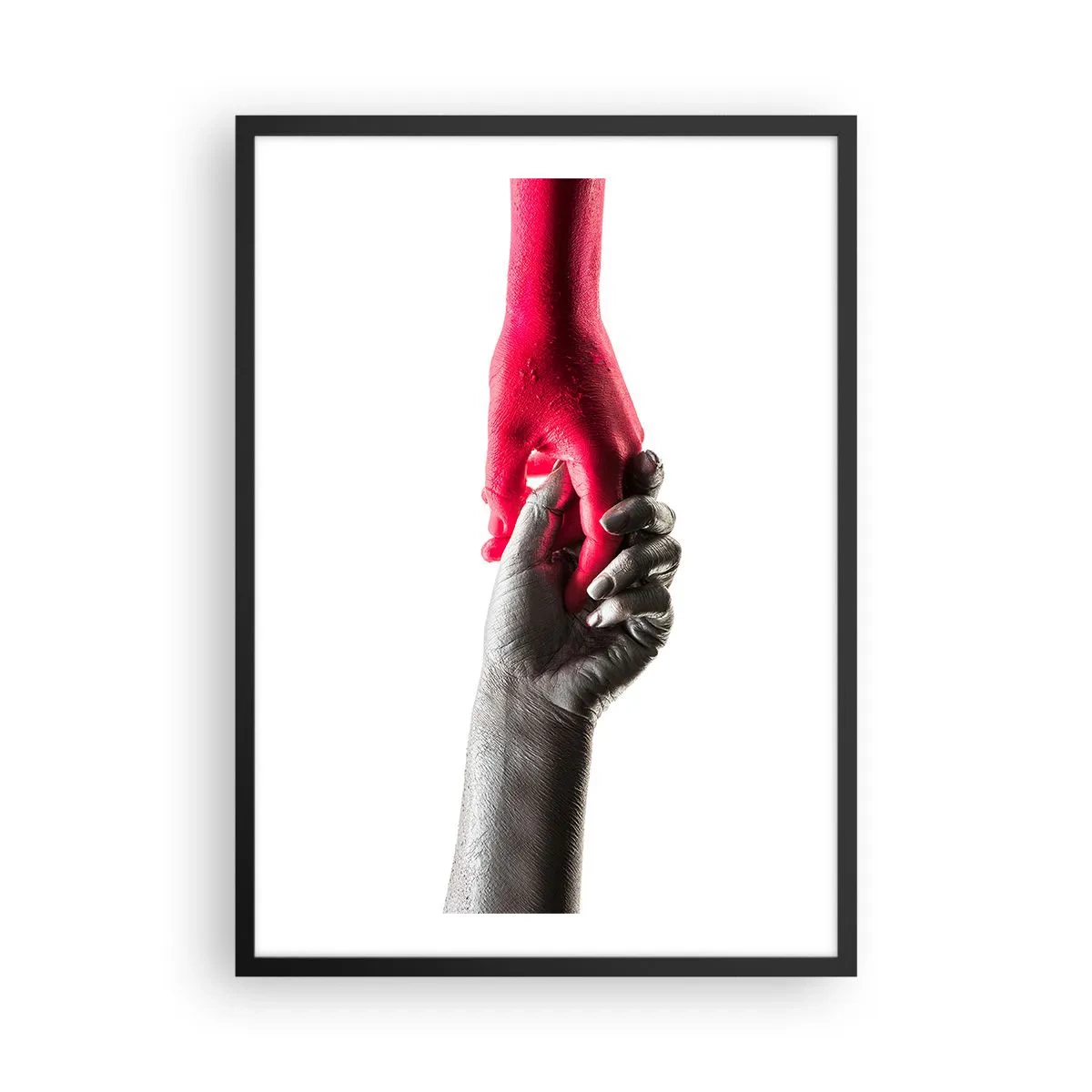 Affiche dans un cadre noir - Poster - Mains symboliques en rouge et argent sur fond blanc - 50x70cm - Ensemble, bien que différents - Décoration murale moderne pour le salon et la chambre ARTTOR