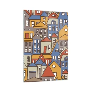 Impression sur verre - Image sur verre - Maisons colorées dans un style graphique sur fond clair - 80x120cm - Derrière la maison, une maison - Décoration murale moderne pour le salon et la chambre ARTTOR