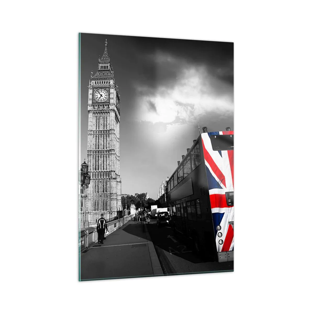 Impression sur verre - Image sur verre - Big Ben et un bus avec un drapeau britannique - 50x70cm - Fière et grande - Décoration murale moderne pour le salon et la chambre ARTTOR