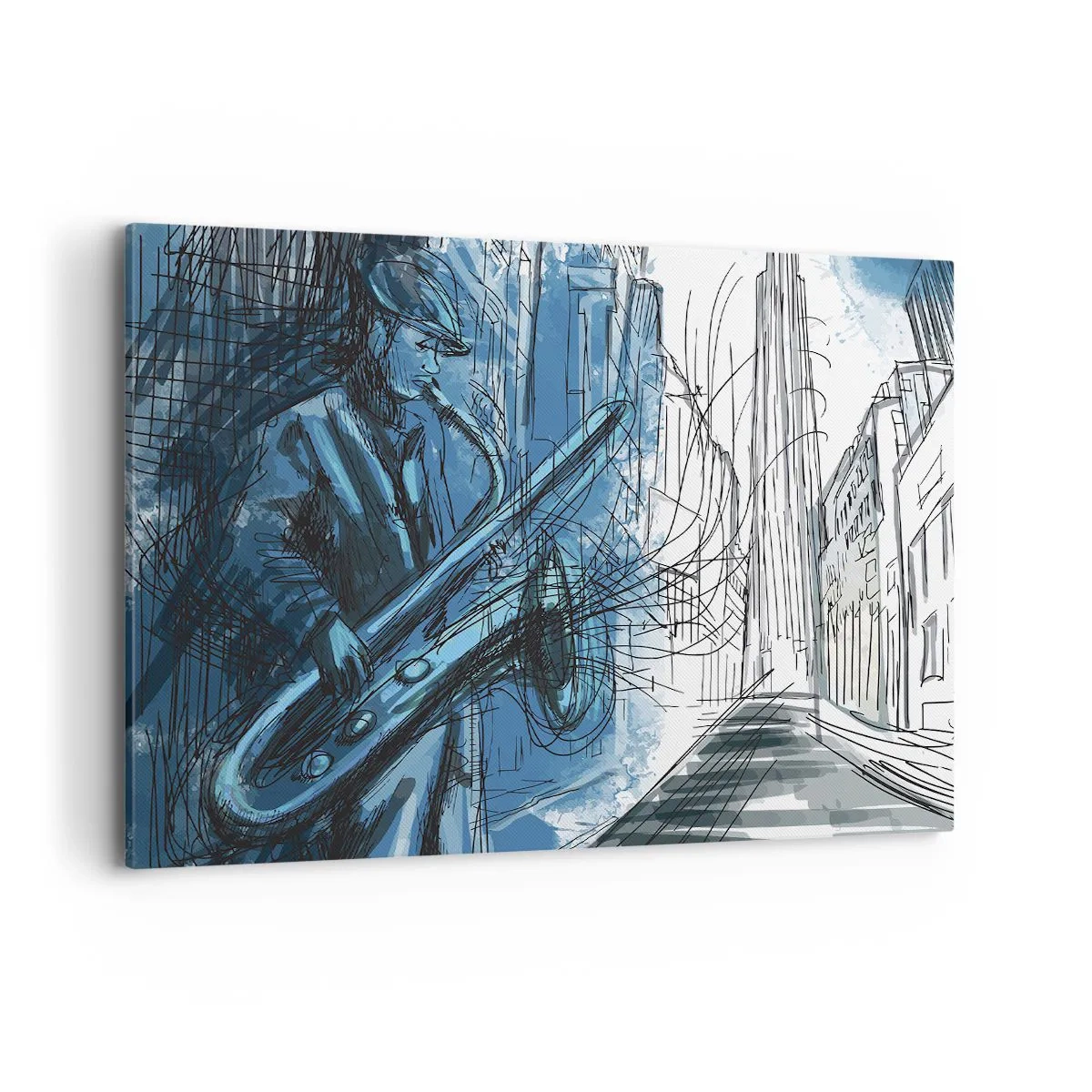 Impression sur toile - Image sur toile - Une silhouette jouant du saxophone sur fond de ville - 120x80cm - Rhapsodie urbaine - Décoration murale moderne pour le salon et la chambre ARTTOR