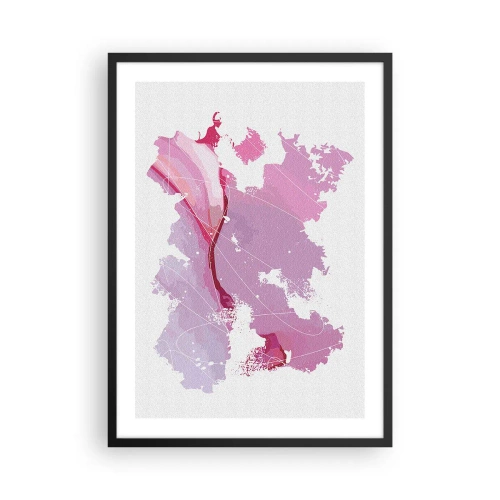Affiche dans un cadre noir - Poster - Carte abstraite dans les tons de rose et de violet - 50x70cm - Carte du monde rose - Décoration murale moderne pour le salon et la chambre ARTTOR