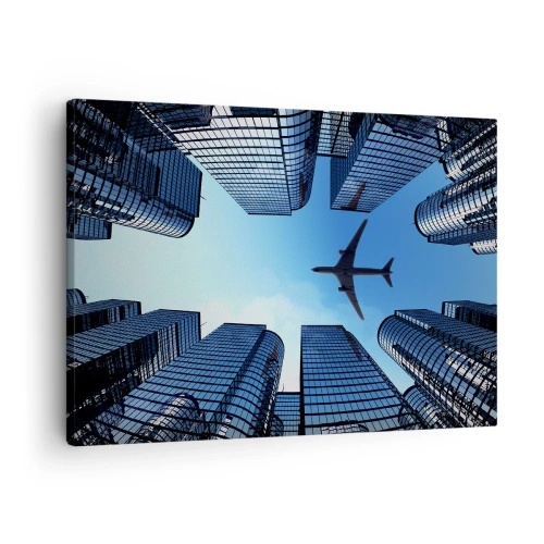 Impression sur toile - Image sur toile - Un avion survolant des gratte-ciels modernes dans le centre-ville. - 70x50cm - La vue depuis le ravin de verre - Décoration murale moderne pour le salon et la chambre ARTTOR