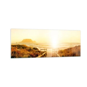 Impression sur verre - Image sur verre - Chemin vers la plage pendant un coucher de soleil doré - 140x50cm - A travers la dune, vers le soleil - Décoration murale moderne pour le salon et la chambre ARTTOR