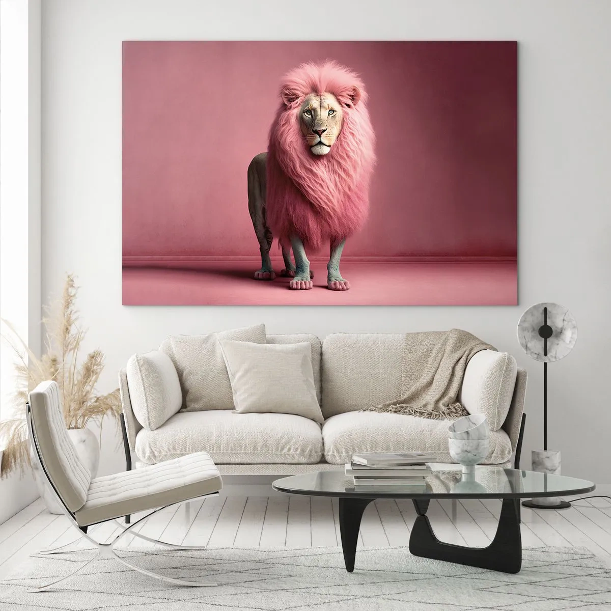 Impression sur verre - Image sur verre - Un lion avec une crinière rose contre un mur pastel - 100x70cm - Et tu n'as plus peur - Décoration murale moderne pour le salon et la chambre ARTTOR