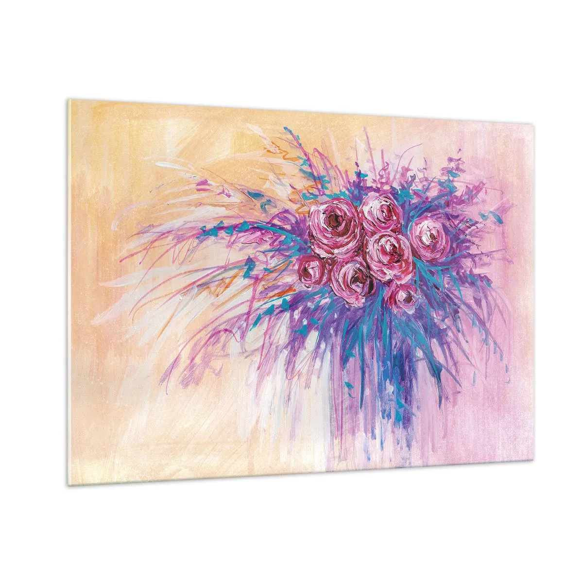 Impression sur verre - Image sur verre - Un bouquet de roses dans les tons de rose et de violet sur un fond pastel - 100x70cm - Fontaine aux roses - Décoration murale moderne pour le salon et la chambre ARTTOR