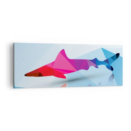 Impression sur toile - Image sur toile - Silhouette de requin géométrique dans les tons rose et bleu - 140x50cm - Un requin dans un espace de cristal - Décoration murale moderne pour le salon et la chambre ARTTOR