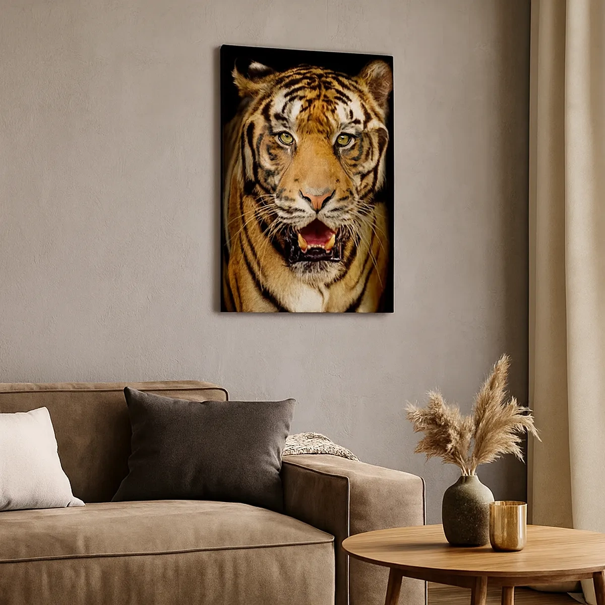 Impression sur toile - Image sur toile - Un tigre avec la gueule ouverte sur un fond noir - 50x70cm - Le coeur sauvageon - Décoration murale moderne pour le salon et la chambre ARTTOR