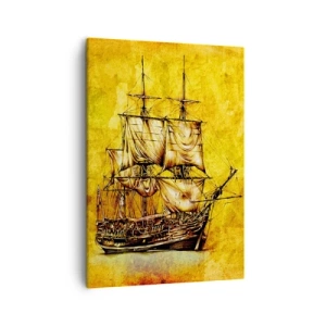 Impression sur toile - Image sur toile - Un dessin stylisé d'un voilier sur fond doré avec une touche vintage. - 50x70cm - En direction de l'ile de la tortue ! - Décoration murale moderne pour le salon et la chambre ARTTOR