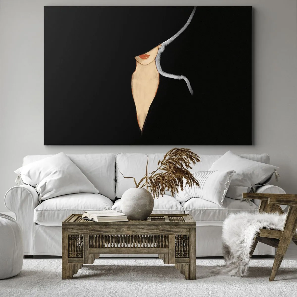 Impression sur toile - Image sur toile - Silhouette d'une femme au chapeau sur fond noir - 70x50cm - Élégance et style - Décoration murale moderne pour le salon et la chambre ARTTOR