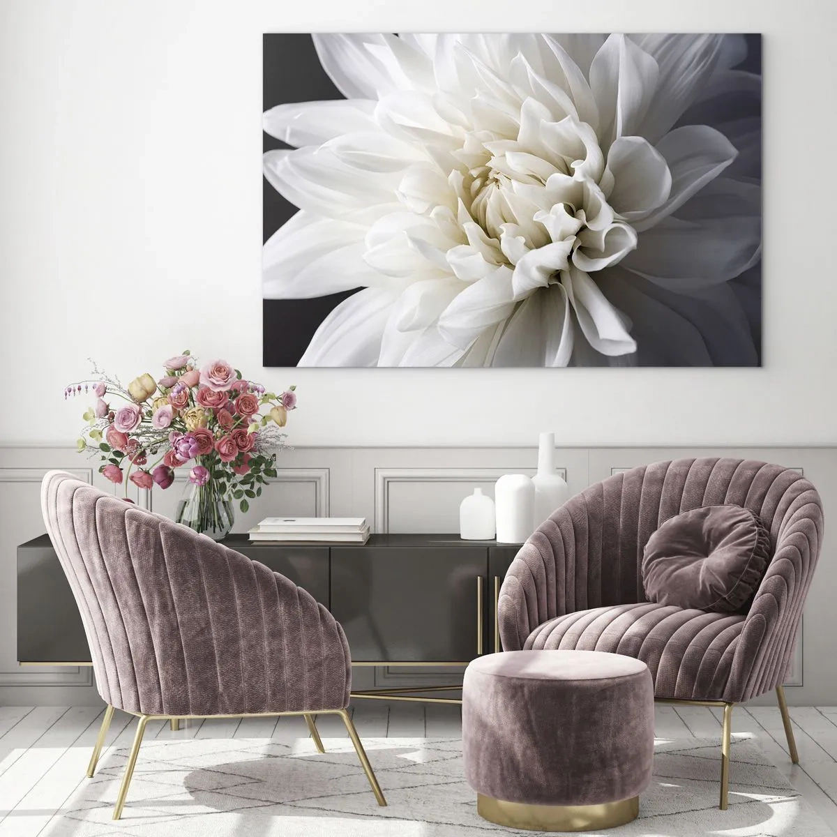 Impression sur verre - Image sur verre - Gros plan d'un dahlia blanc sur fond noir et gris - 70x50cm - Le matin de la jeune mariéé - Décoration murale moderne pour le salon et la chambre ARTTOR