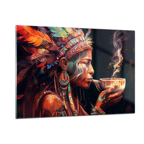 Impression sur verre - Image sur verre - Une figure portant une coiffe à plumes buvant une potion dans une atmosphère mystique - 120x80cm - Rituel magique - Décoration murale moderne pour le salon et la chambre ARTTOR