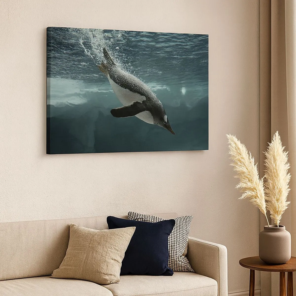 Impression sur toile - Image sur toile - Un pingouin plongeant dans les profondeurs de l'eau glacée - 70x50cm - Bienvenue dans mon monde - Décoration murale moderne pour le salon et la chambre ARTTOR