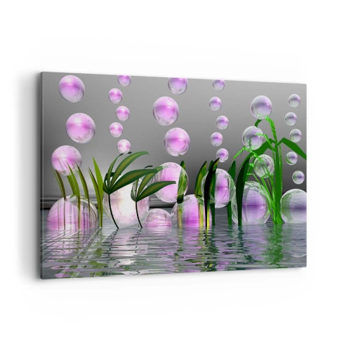 Impression sur toile - Image sur toile - Feuilles vertes et bulles roses au-dessus de l'eau sur fond gris - 120x80cm - Une composition réfléchissante de légèreté et de vie - Décoration murale moderne pour le salon et la chambre ARTTOR