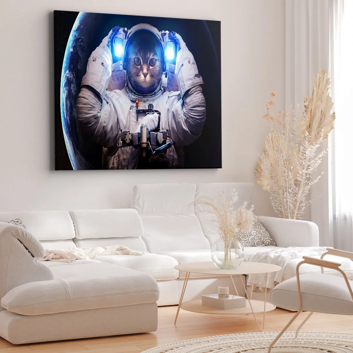 Impression sur toile - Image sur toile - Un chat dans une combinaison d'astronaute avec la Terre en arrière-plan et une lumière vive. - 70x50cm - Houston, vous avez un problème - Décoration murale moderne pour le salon et la chambre ARTTOR