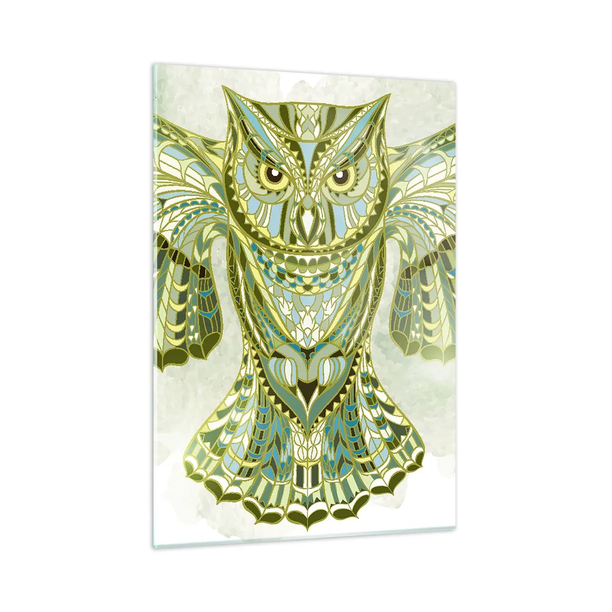 Impression sur verre - Image sur verre - Chouette bleue aux ailes déployées de style géométrique - 50x70cm - D'un bosquet sacré celtique - Décoration murale moderne pour le salon et la chambre ARTTOR