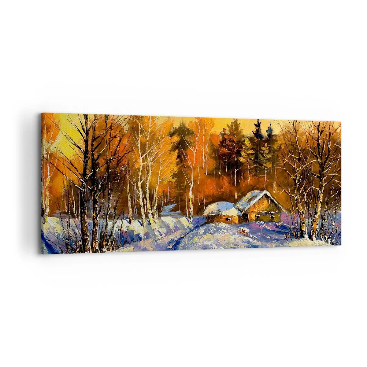 Impression sur toile - Image sur toile - Paysage d'hiver avec une maison à la lumière du soleil couchant - 120x50cm - Impression d'hiver au soleil - Décoration murale moderne pour le salon et la chambre ARTTOR