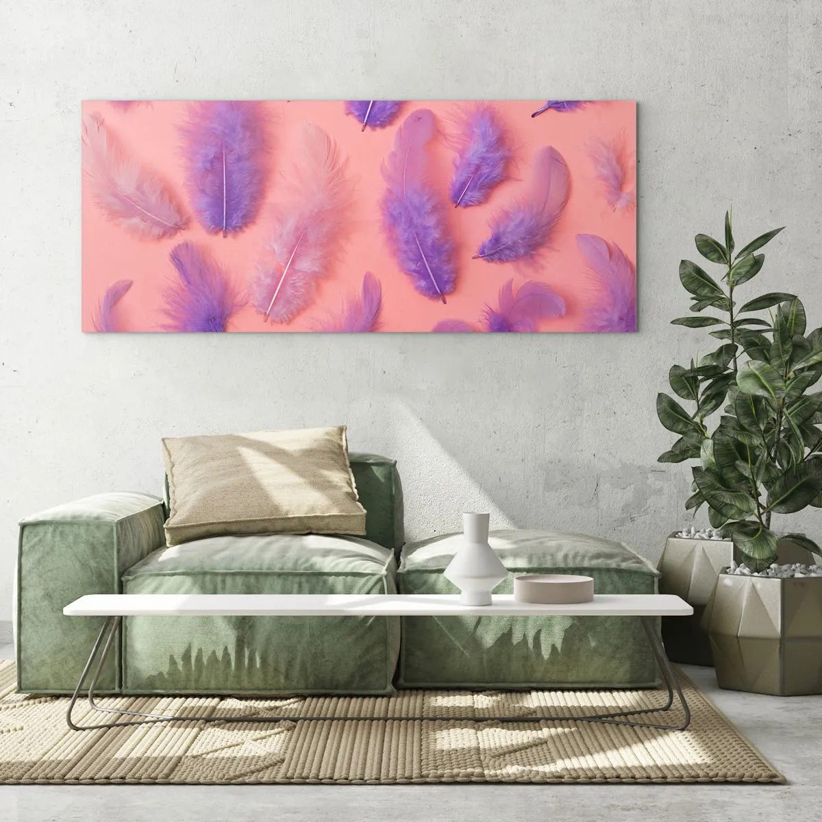 Impression sur verre - Image sur verre - Plumes violettes et roses sur fond pastel - 140x50cm - Oiseau de désir lilas - Décoration murale moderne pour le salon et la chambre ARTTOR