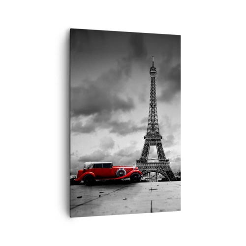 Impression sur toile - Image sur toile - Voiture rétro rouge devant la Tour Eiffel en noir et blanc - 80x120cm - Il n'y a pas si longtemps à Paris - Décoration murale moderne pour le salon et la chambre ARTTOR
