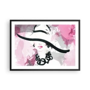 Affiche dans un cadre noir - Poster - Une femme élégante avec un chapeau sur un fond d'abstractions roses. - 70x50cm - Portrait d'une dame en noir et rose - Décoration murale moderne pour le salon et la chambre ARTTOR