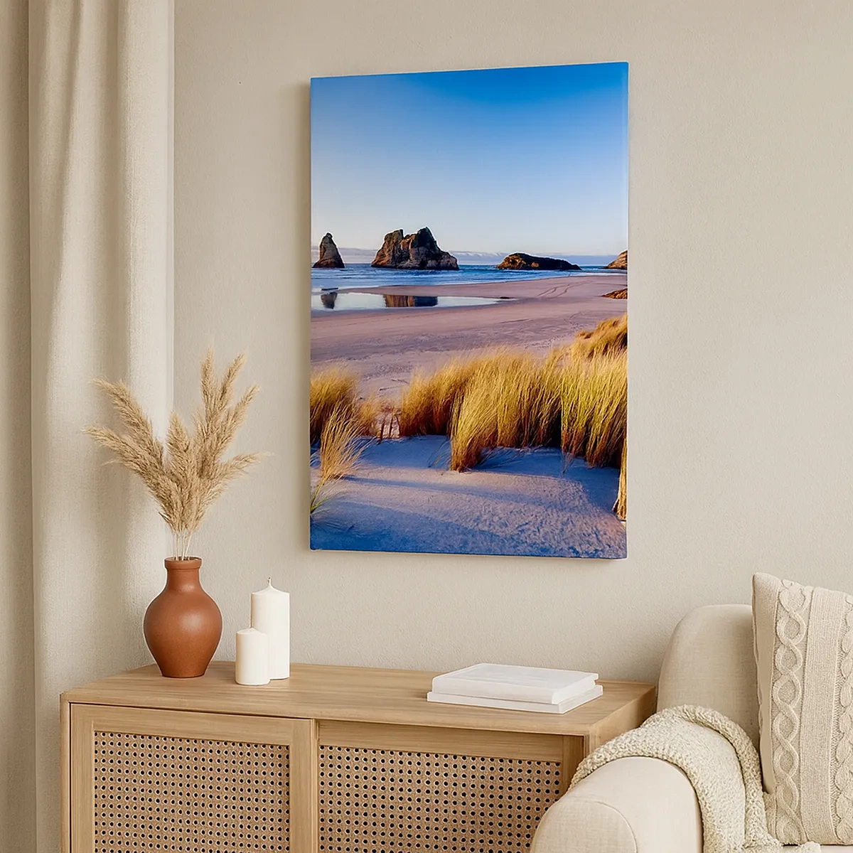 Impression sur toile - Image sur toile - Une plage pittoresque avec vue sur les rochers et la mer au coucher du soleil - 50x70cm - Pour les chercheurs de paix - Décoration murale moderne pour le salon et la chambre ARTTOR