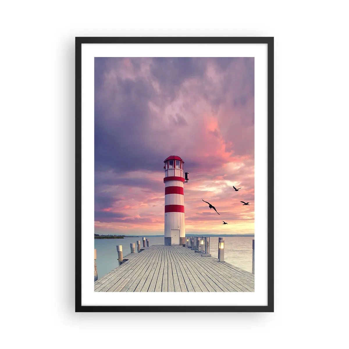 Affiche dans un cadre noir - Poster - Phare sur fond de coucher de soleil - 50x70cm - C'est l'heure d'aller au port - Décoration murale moderne pour le salon et la chambre ARTTOR
