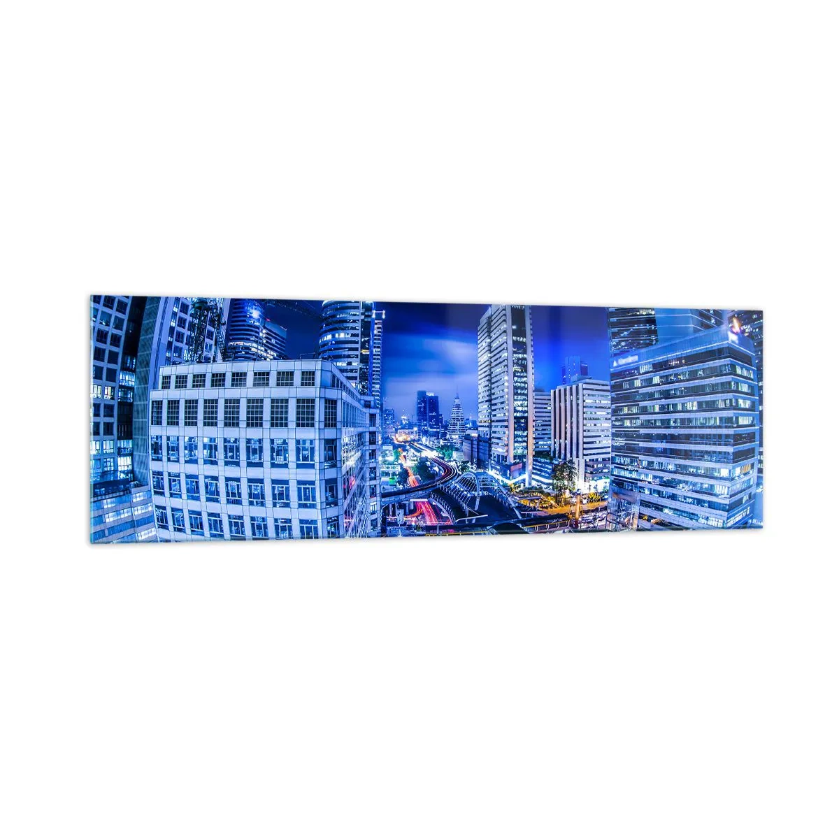 Impression sur verre - Image sur verre - Panorama nocturne de la ville avec gratte-ciels et lampadaires - 160x50cm - Rythmes de la ville nocturne - Décoration murale moderne pour le salon et la chambre ARTTOR