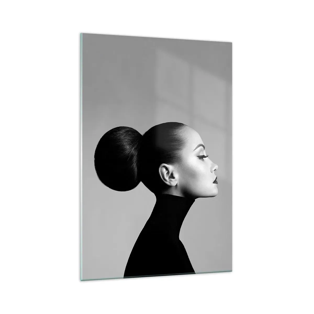 Impression sur verre - Image sur verre - Profil d'une femme en noir et blanc avec un chignon élégant - 70x100cm - Néfertiti moderne - Décoration murale moderne pour le salon et la chambre ARTTOR