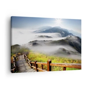 Impression sur toile - Image sur toile - Un chemin en bois parmi les montagnes brumeuses le matin - 70x50cm - Tissé d'éblouissement et de brouillard - Décoration murale moderne pour le salon et la chambre ARTTOR