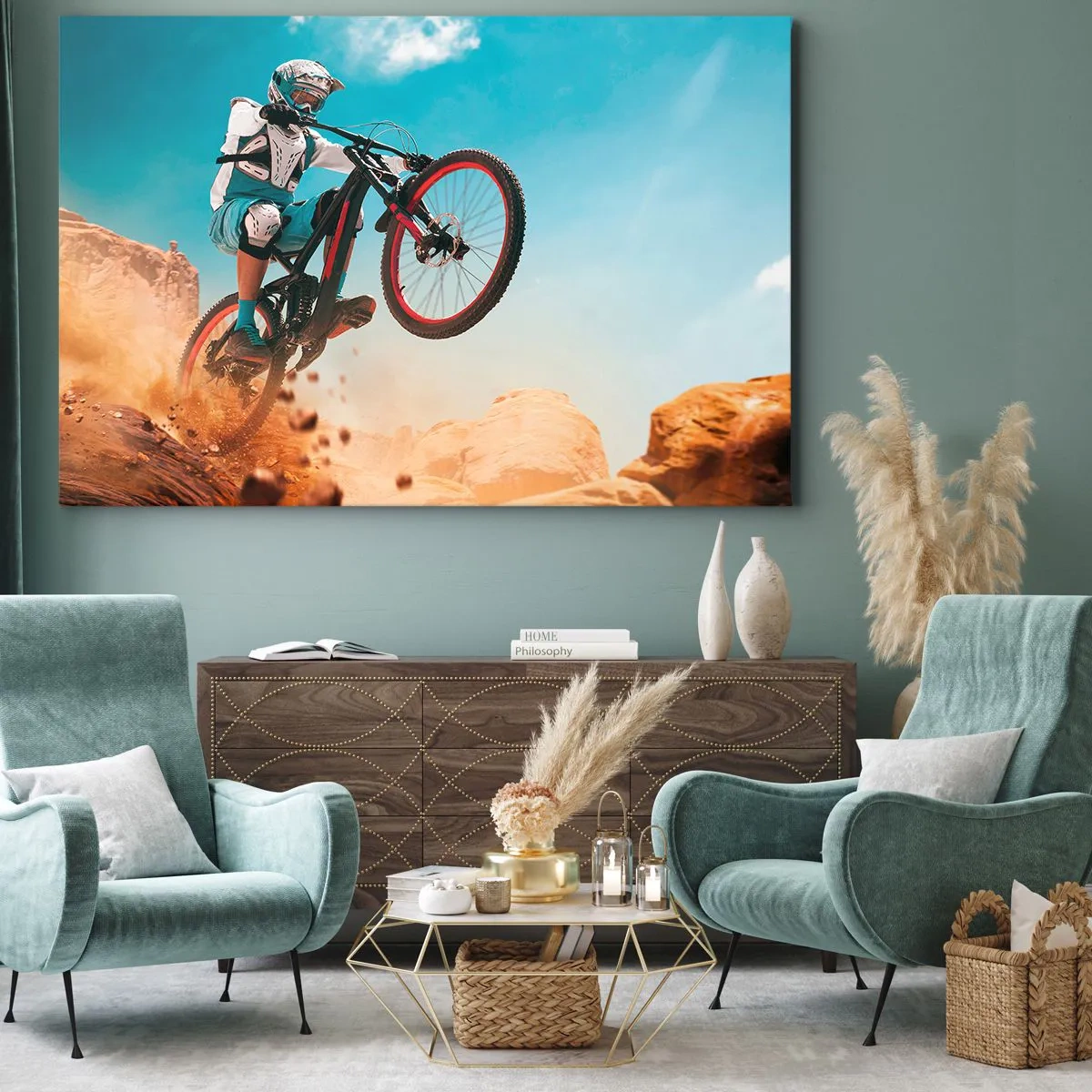 Impression sur toile - Image sur toile - Un vététiste effectue un saut sur fond de rochers - 120x80cm - Démon de la folie du vélo - Décoration murale moderne pour le salon et la chambre ARTTOR