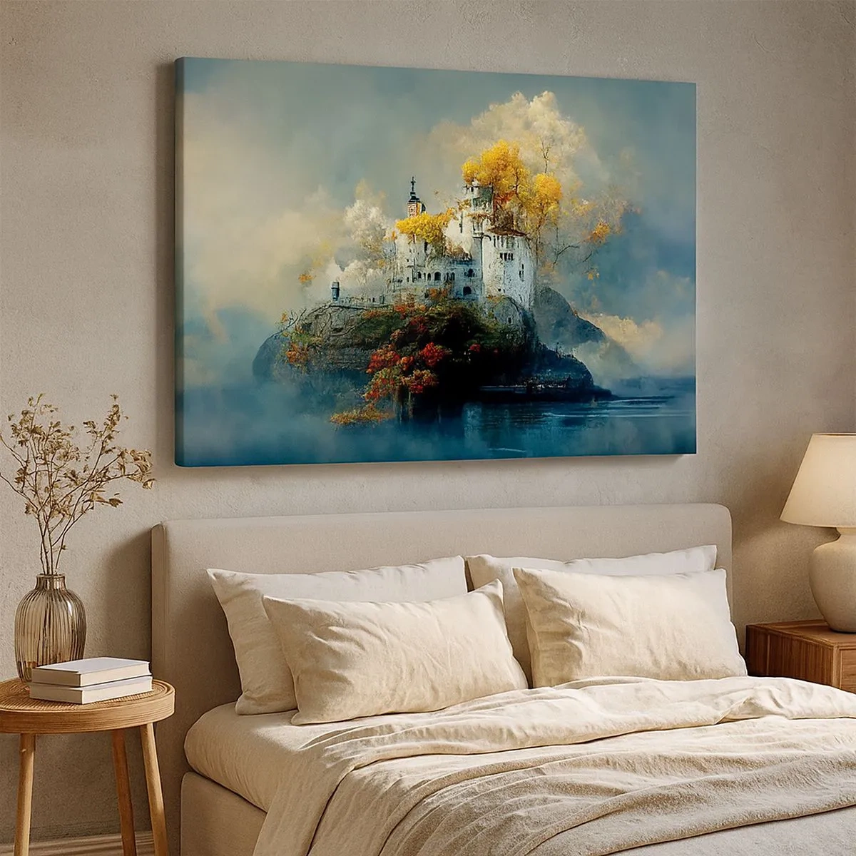 Impression sur toile - Image sur toile - Un château sur une colline entouré d'arbres d'automne - 70x50cm - Le début d'une histoire romantique - Décoration murale moderne pour le salon et la chambre ARTTOR
