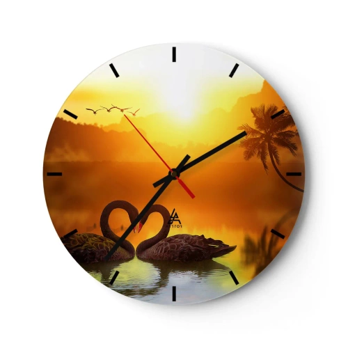 Horloge murale - Pendule murale - Deux cygnes noirs sur un lac au coucher du soleil - 30x30cm - Tout va ensemble - Décoration murale moderne pour le salon, la cuisine et la chambre ARTTOR
