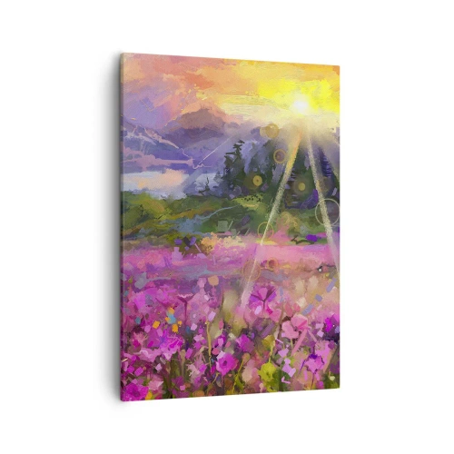 Impression sur toile - Image sur toile - Une prairie pittoresque sous les rayons du soleil couchant - 50x70cm - Dans la vallée à l'abri du soleil - Décoration murale moderne pour le salon et la chambre ARTTOR