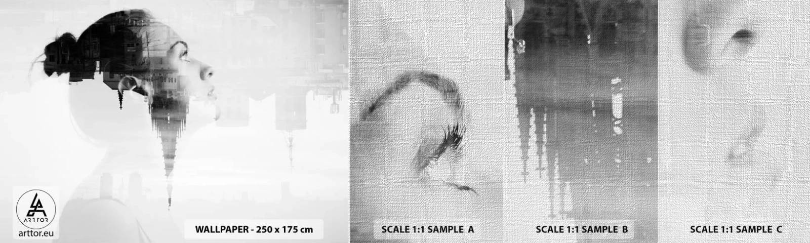 Échantillon de Papier Peint Premium Canvas - Des deux côtés du verre - Abstraction, Visage de femme, Architecture - 100x30 cm