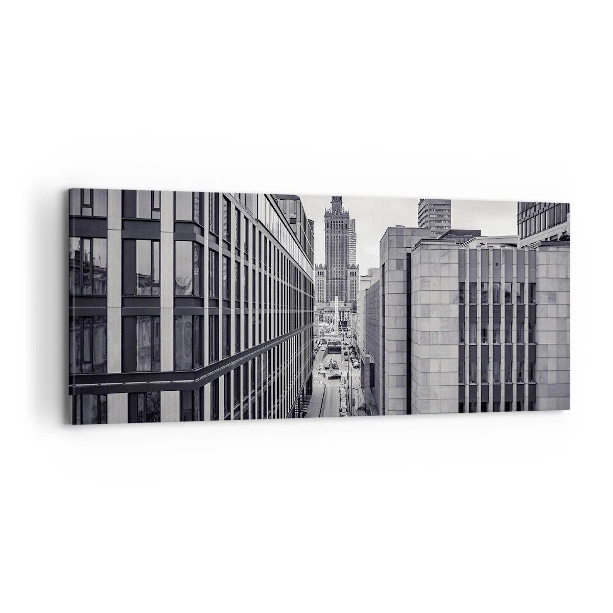 Impression sur toile - Image sur toile - Panorama de Varsovie avec vue sur le Palais de la Culture et les bâtiments environnants - 120x50cm - Vallée de Varsovie - Décoration murale moderne pour le salon et la chambre ARTTOR