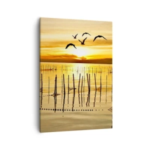 Impression sur toile - Image sur toile - Coucher de soleil sur l'eau avec des oiseaux en vol - 50x70cm - À la pêche - Décoration murale moderne pour le salon et la chambre ARTTOR