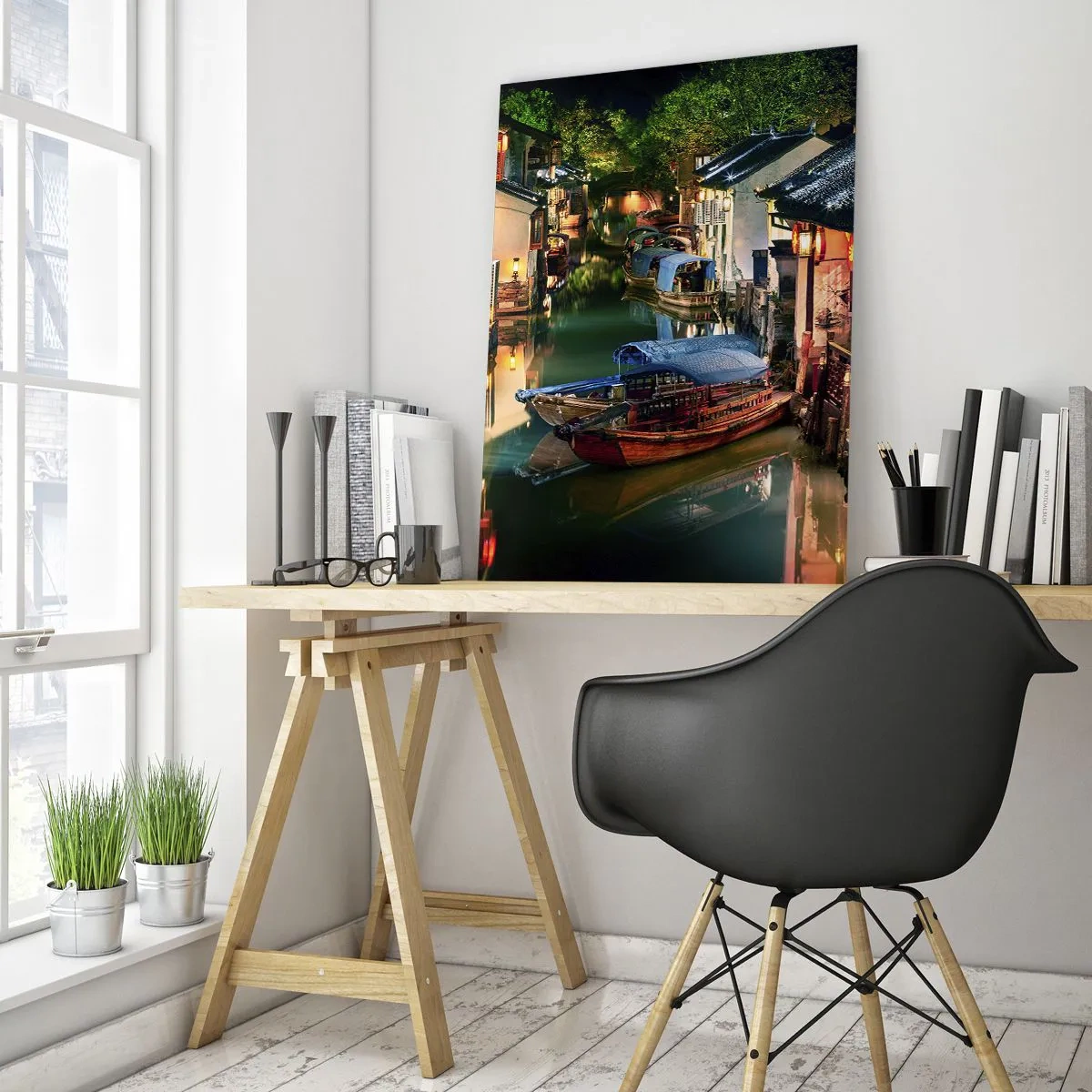 Impression sur verre - Image sur verre - Vue nocturne des canaux avec bateaux et maisons traditionnels - 70x100cm - Soirée dans une rue chinoise - Décoration murale moderne pour le salon et la chambre ARTTOR