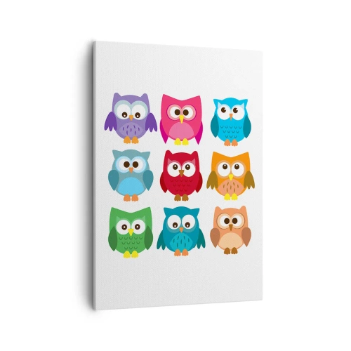 Impression sur toile - Image sur toile - Illustrations colorées de hiboux dans un style enfantin - 50x70cm - C'est amusant d'être différent - Décoration murale moderne pour le salon et la chambre ARTTOR