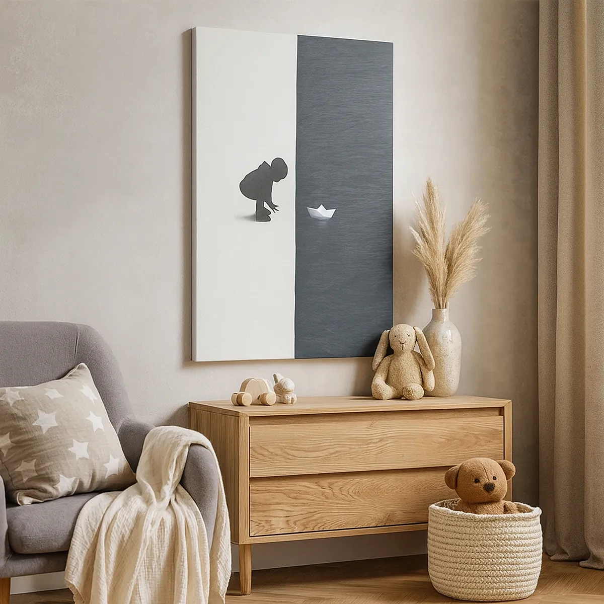 Impression sur toile - Image sur toile - Une figure d'enfant avec un bateau en papier sur un fond de moitiés contrastées - 50x70cm - Grande expédition - Décoration murale moderne pour le salon et la chambre ARTTOR