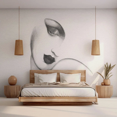 Papier Peint Photo Premium Sand - Un croquis subtil du visage d'une femme en noir et blanc. - 100x70cm - Dans le style de Lempicka - Décoration murale moderne pour le salon et la chambre ARTTOR
