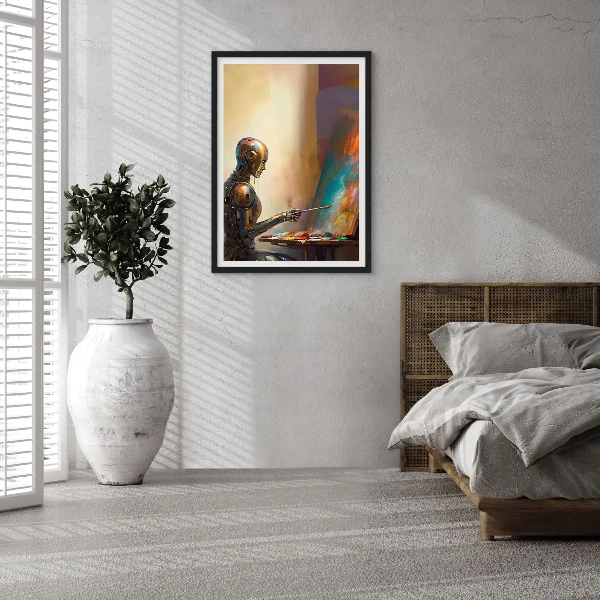 Affiche dans un cadre noir - Poster - Robot peintre sur un chevalet dans un style futuriste - 50x70cm - L'art du futur - Décoration murale moderne pour le salon et la chambre ARTTOR