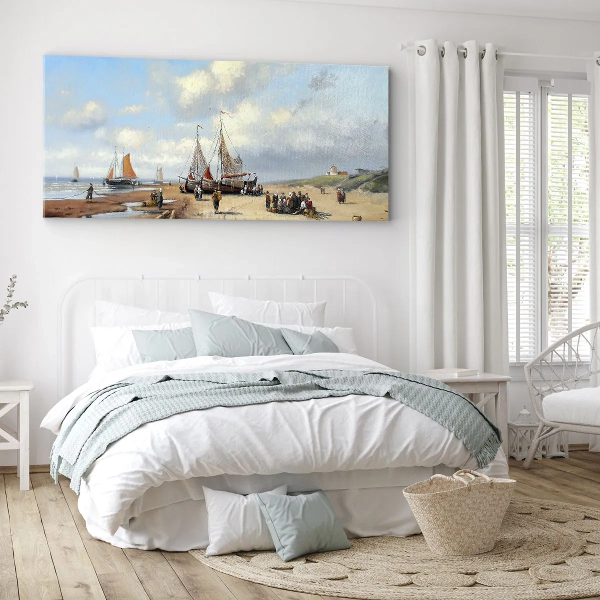 Impression sur toile - Image sur toile - Bateaux de pêche sur la plage avec des figures humaines - 120x50cm - Après une capture réussie - Décoration murale moderne pour le salon et la chambre ARTTOR
